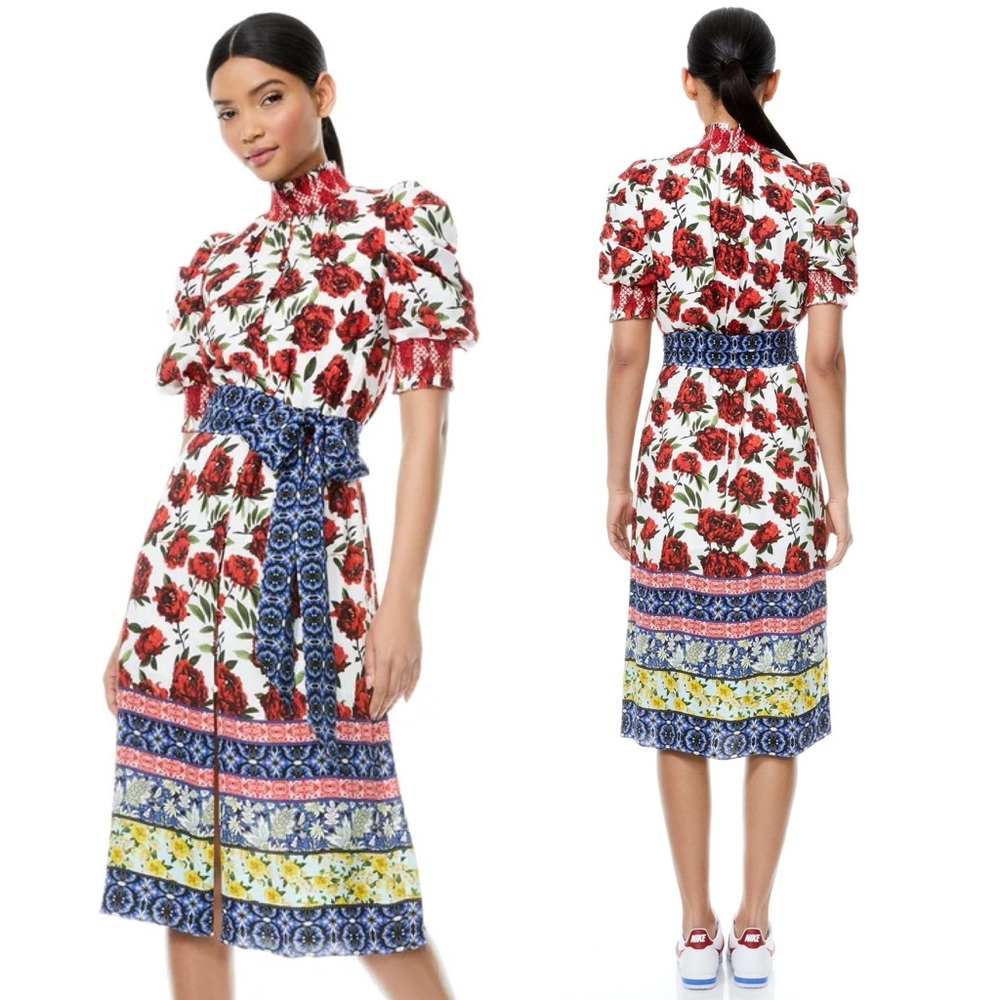 ALICE + OLIVIA Silva Floral Rose Mock Neck Midi Dress \\ 2 - Picture 1 of 13
